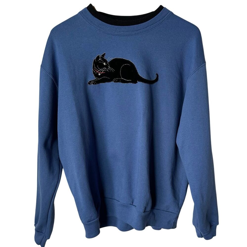 Vintage 90s Morning Sun Black Cat Sweatshirt Women’s XL Blue 🐈‍⬛